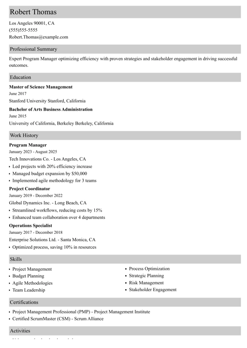 Sample Program Manager Resume