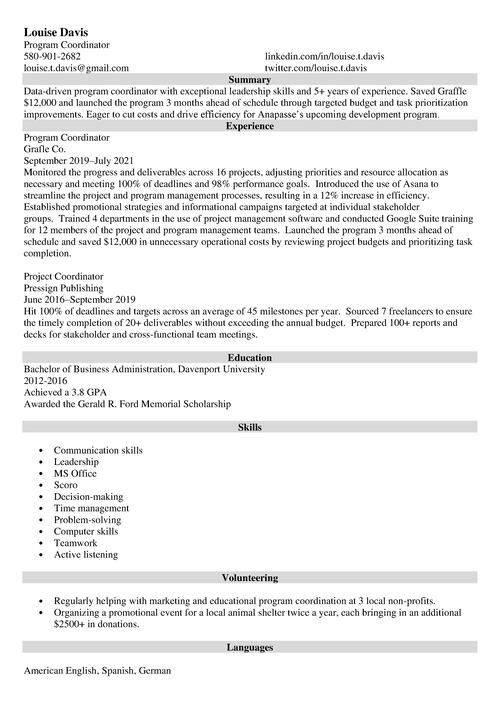 program coordinator resume example