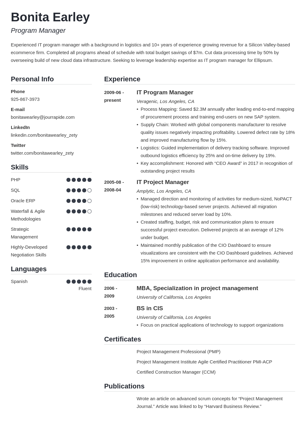 program manager resume example template simple