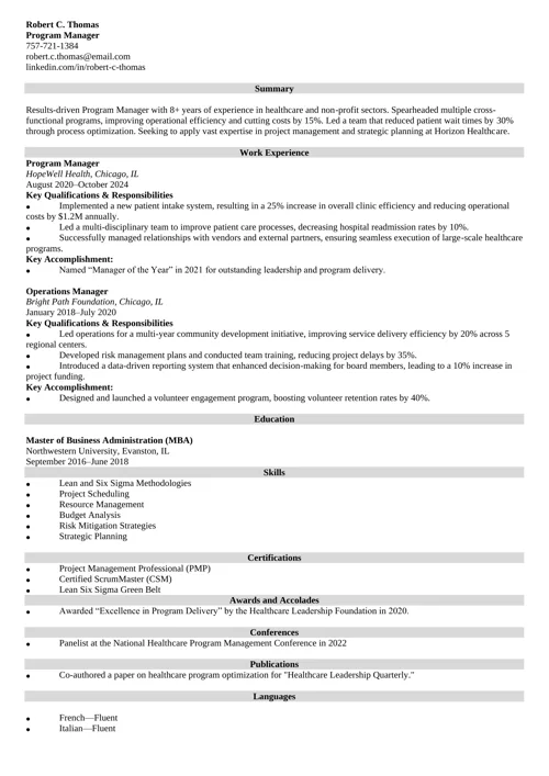 Sample Program Manager Resume