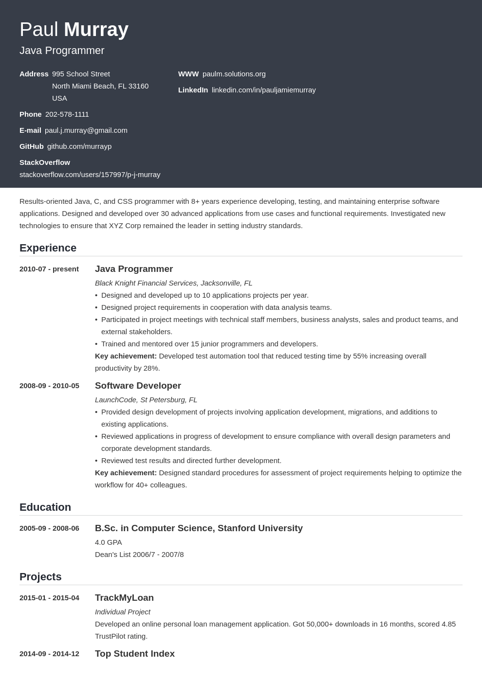 programmer resume example template influx