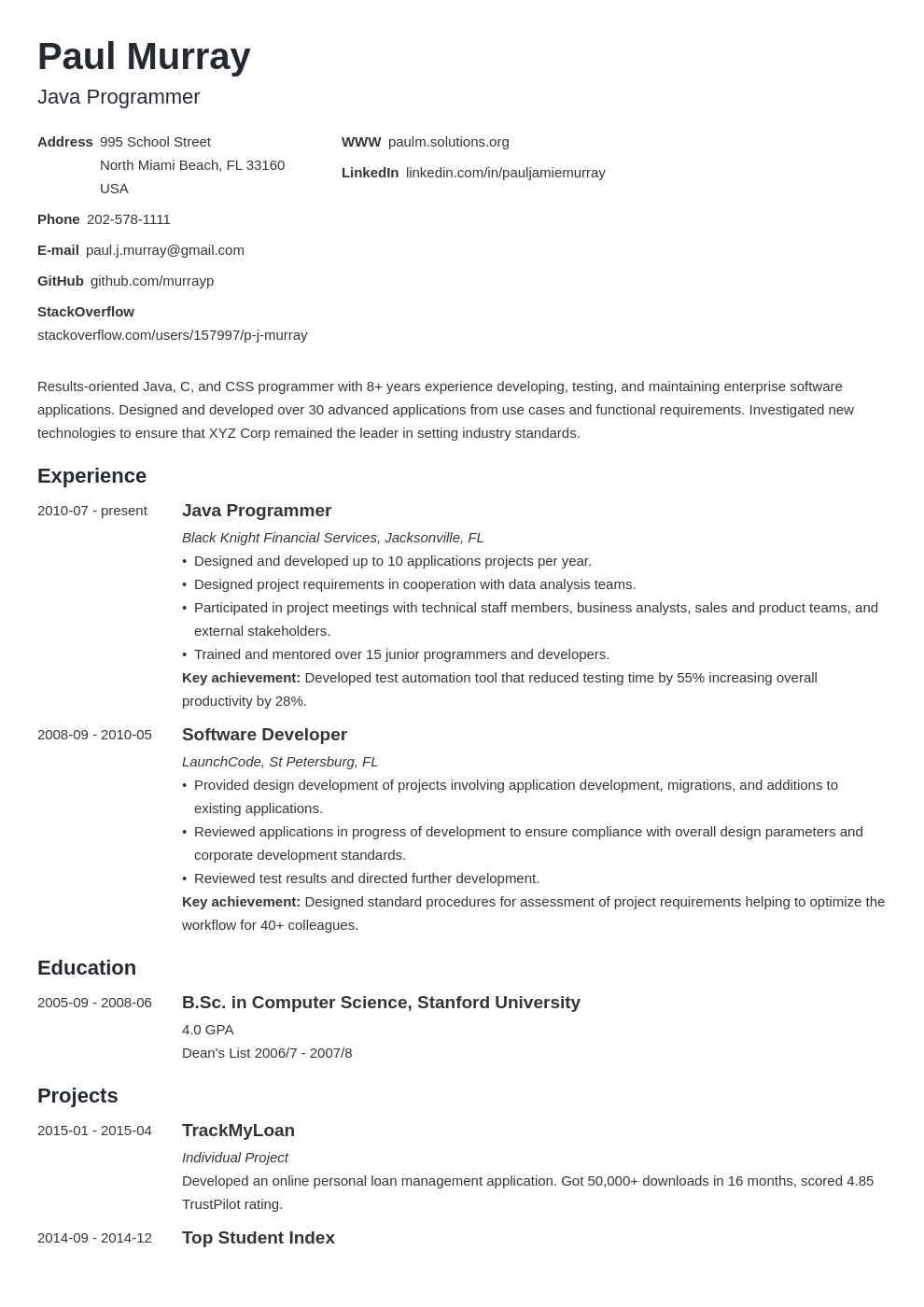 programmer resume example template minimo