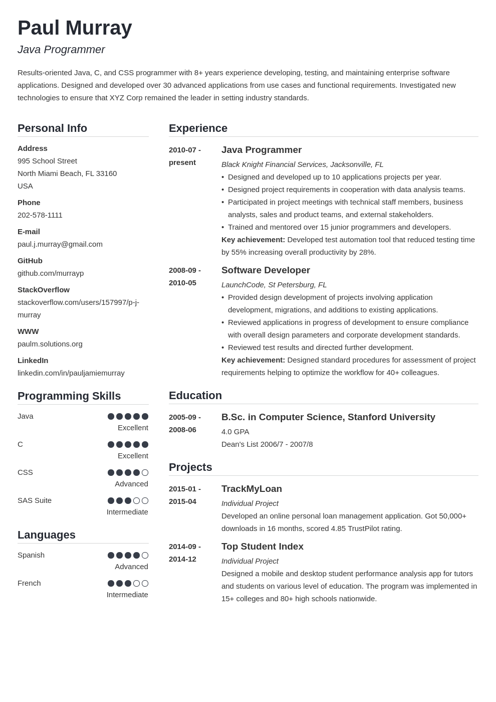 programmer resume example template simple