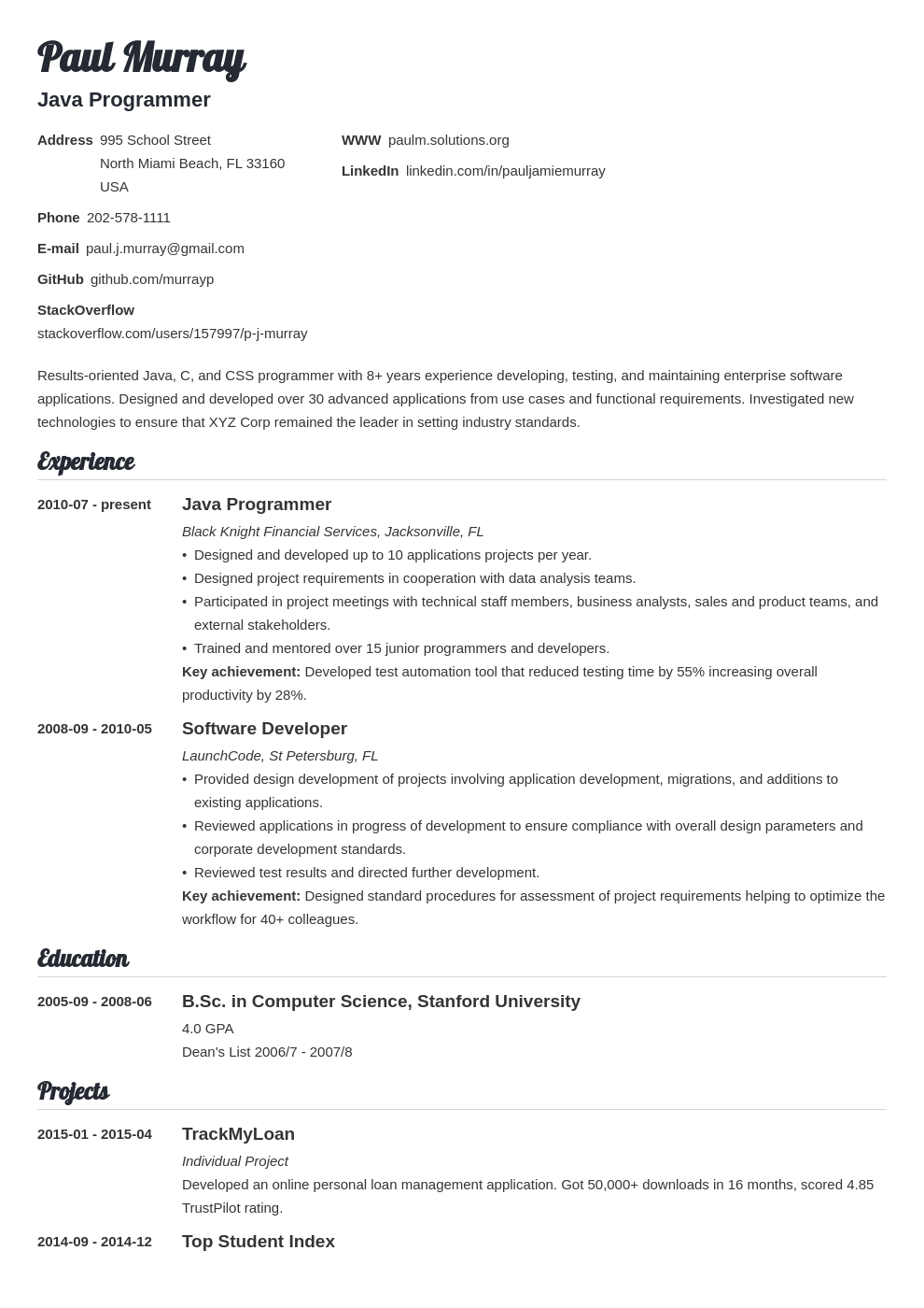 programmer resume example template valera