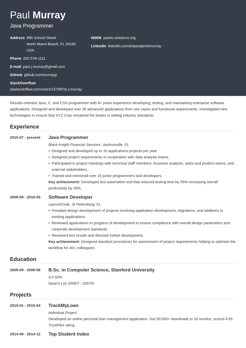college projects in resume
