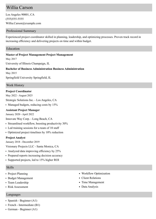 Project Coordinator Resume Sample