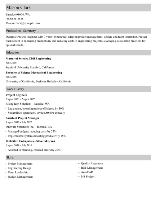Project Engineer Resume Sample