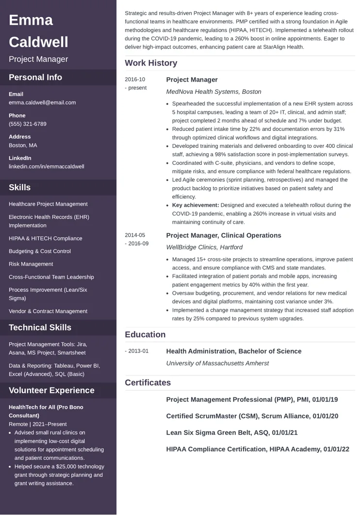 Project Manager Resume Example