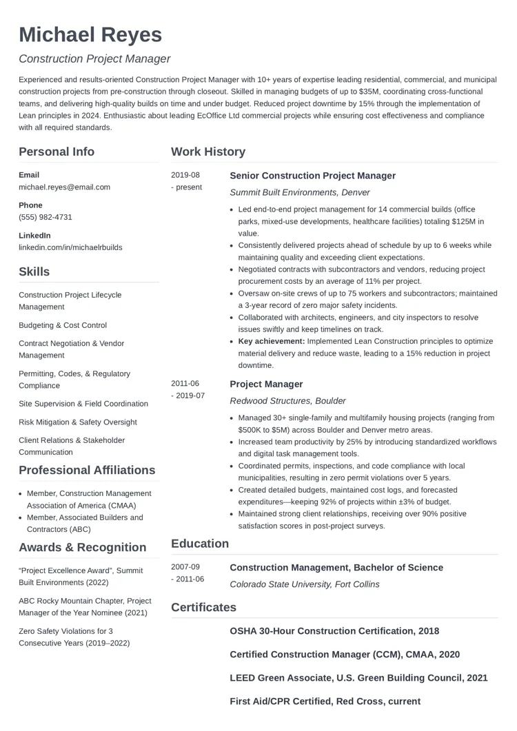 Construction Project Manager Resume Example by zety