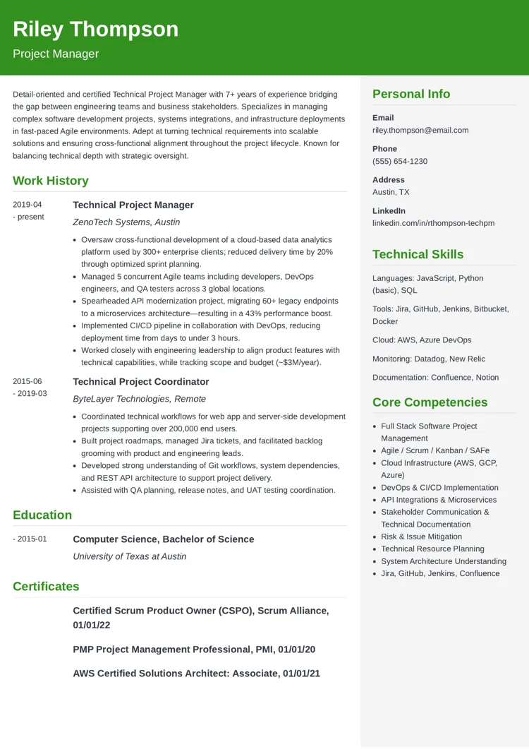 Technical Project Manager Resume Example by zety