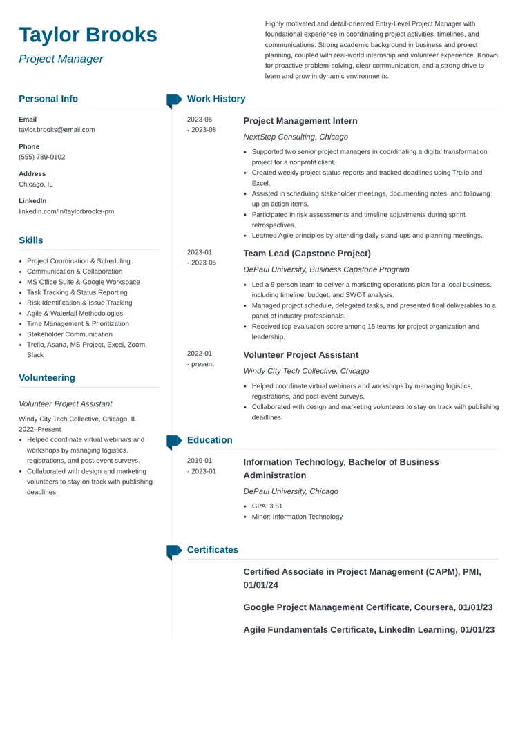 Entry-Level Project Manager Resume Example by zety