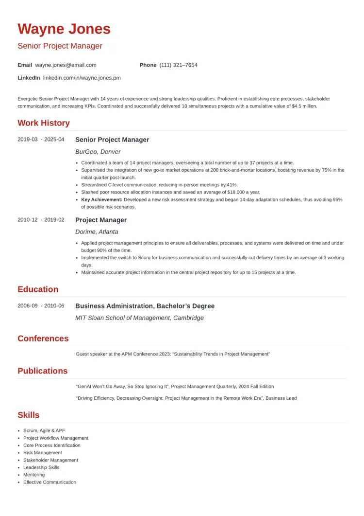 Senior Project Manager Resume Example by zety