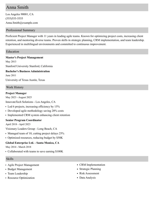 project manager resume templates