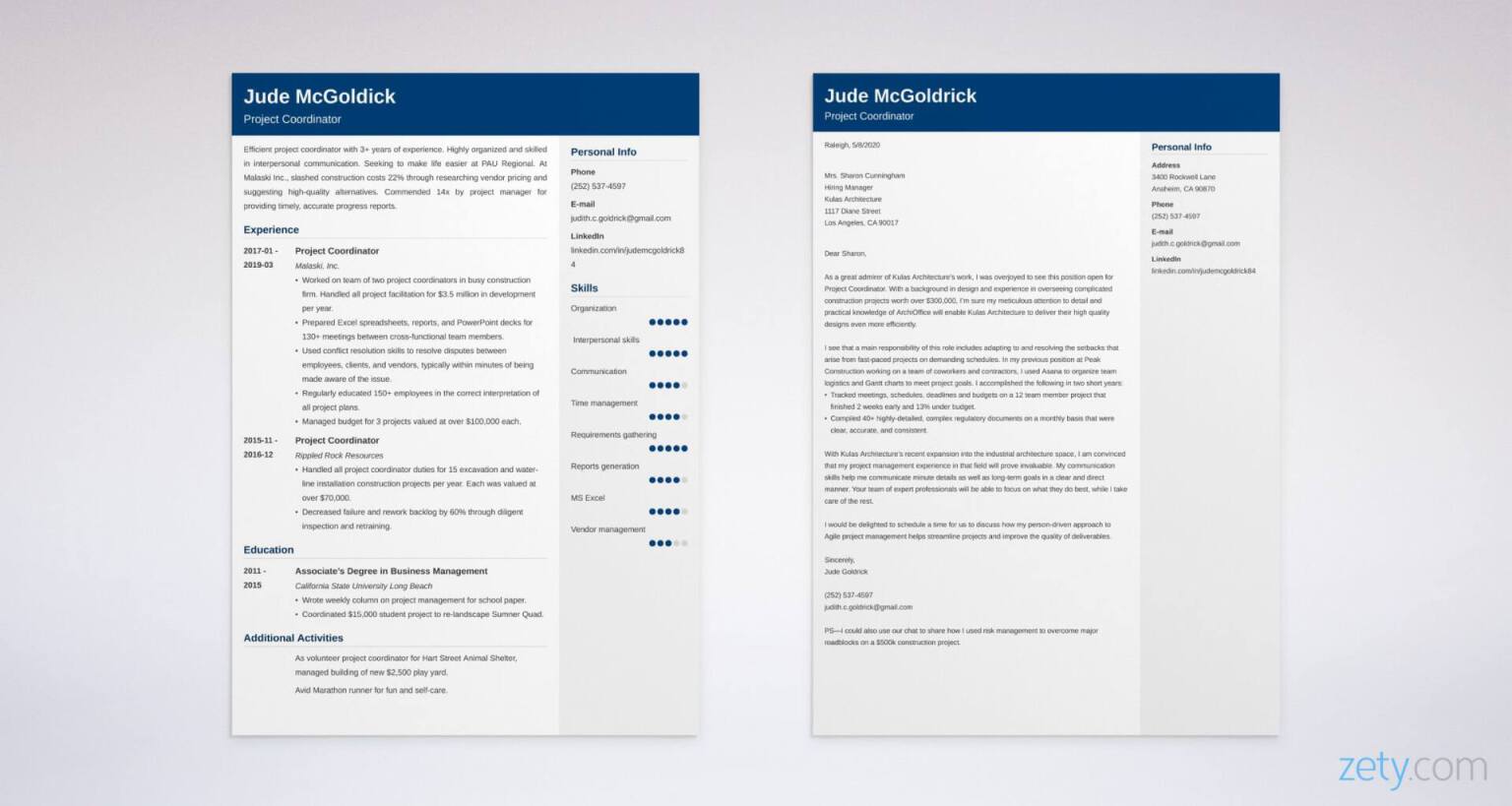 project coordinator resume and cover letter set