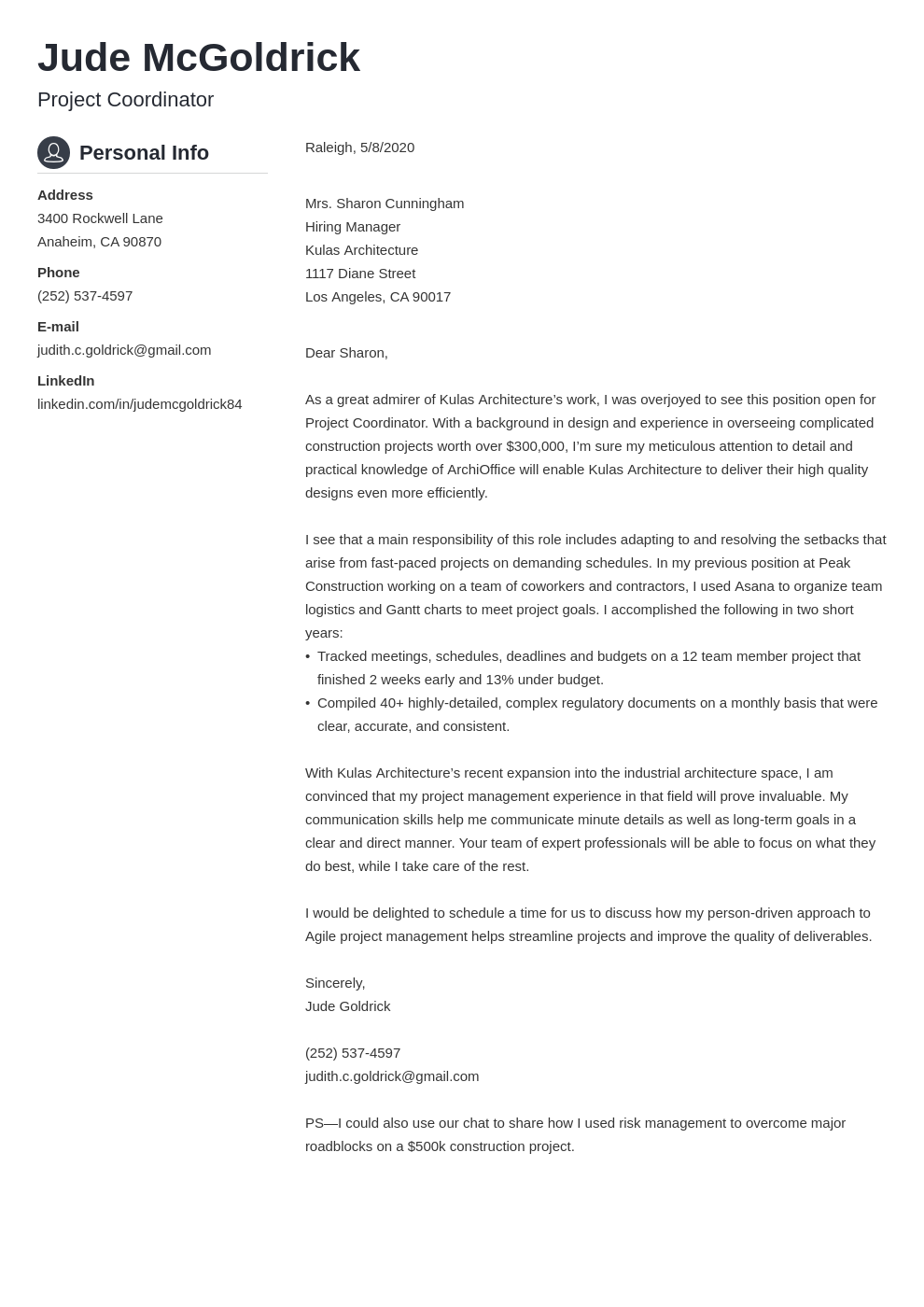 proposal coordinator cover letter