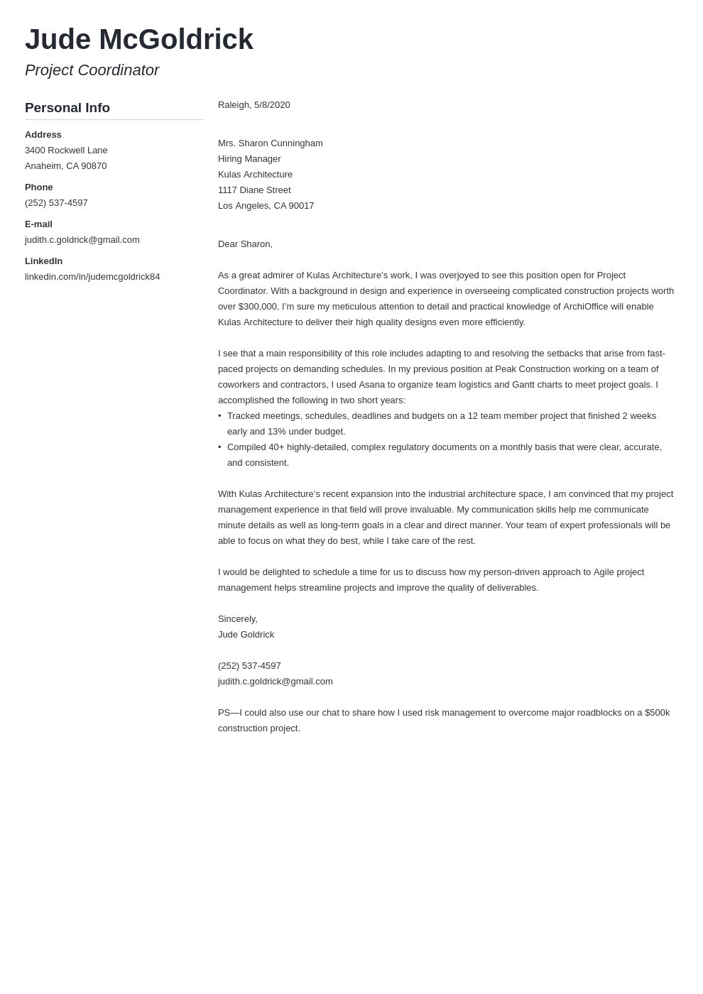 cover letter for project management course