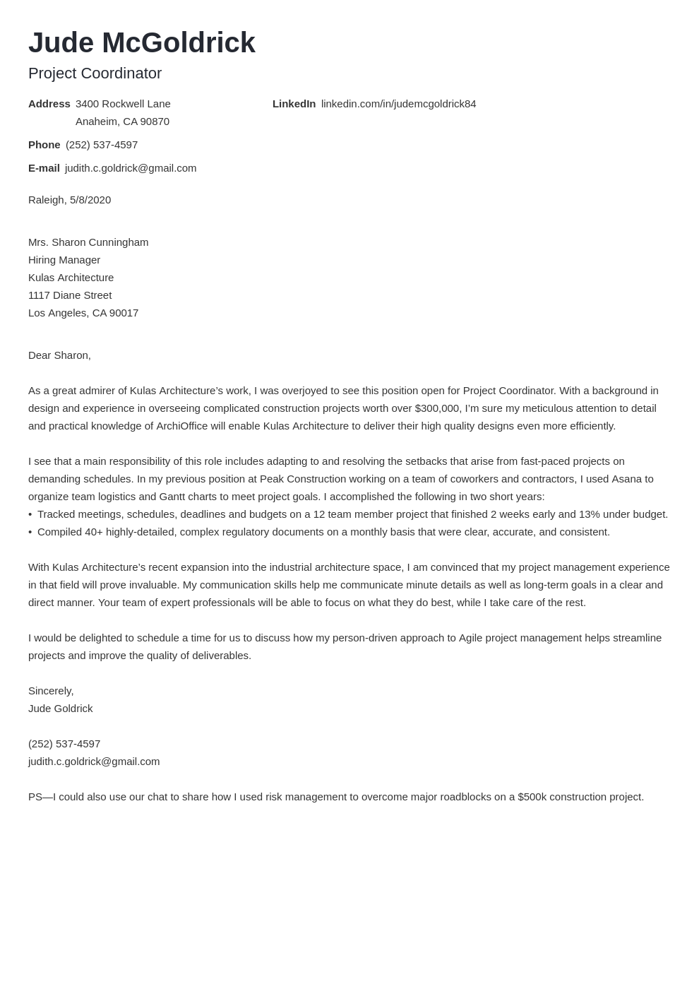 project management experience cover letter