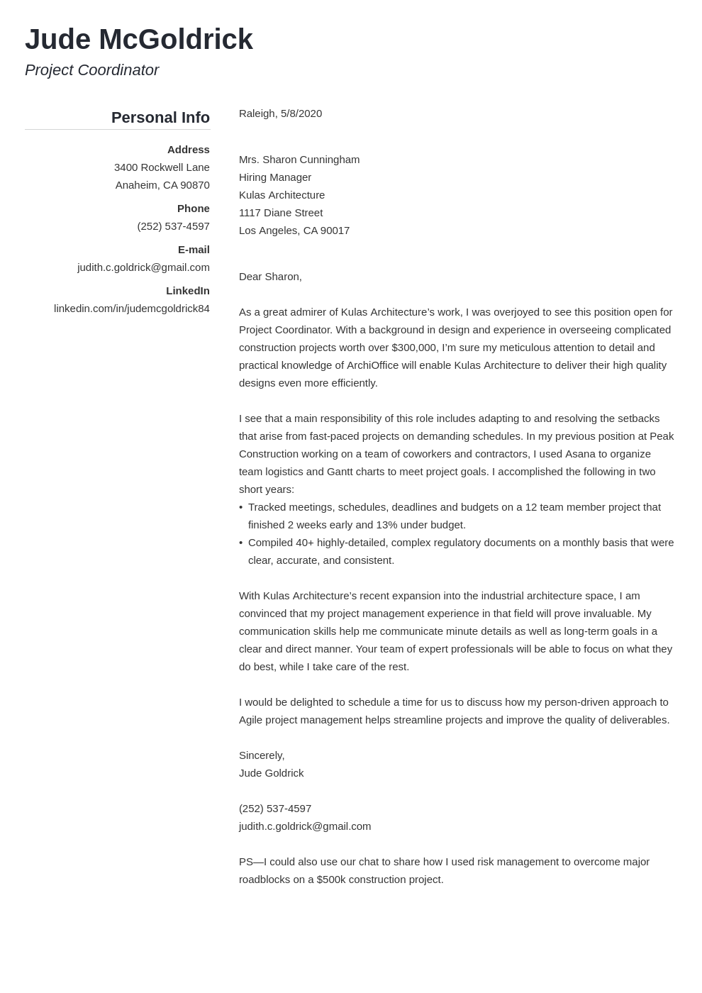 project management cover letter entry level