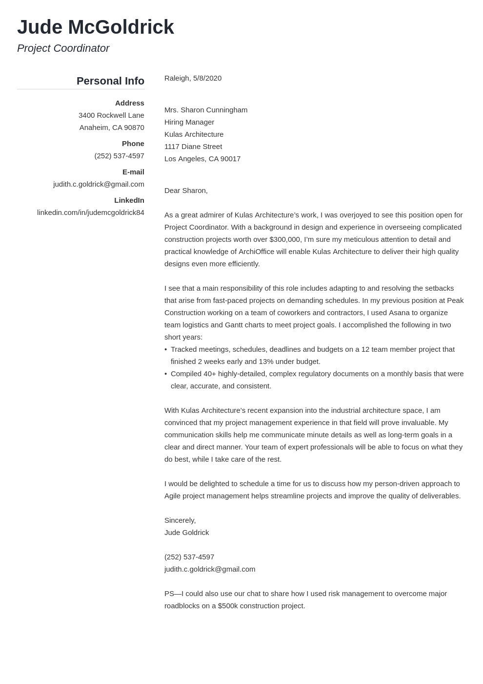 program coordinator sample cover letter