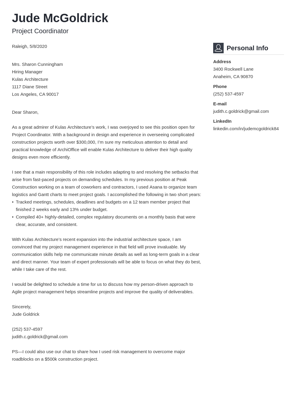 cover letter template for coordinator position