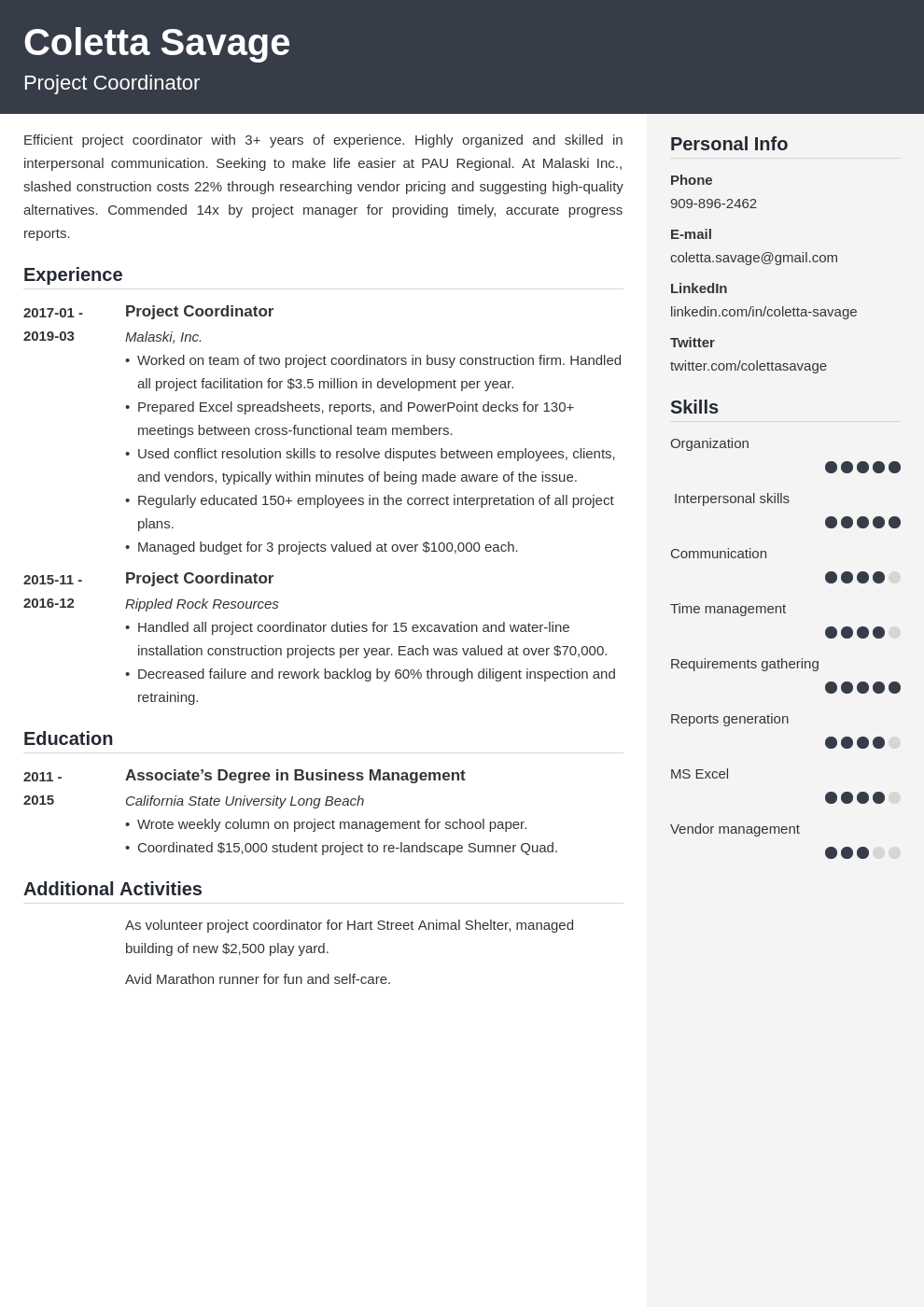 resume summary examples for project coordinator