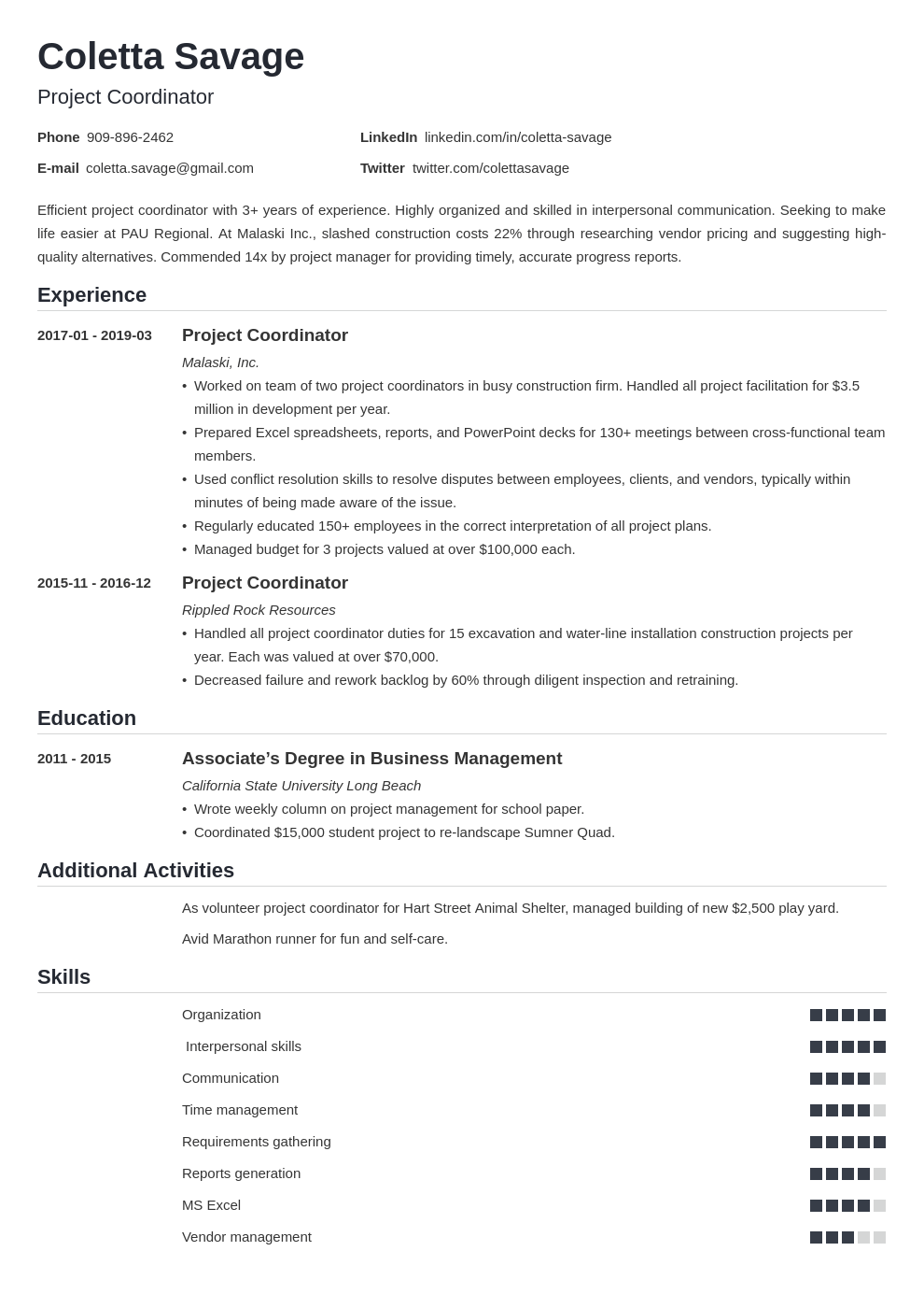 Project Coordinator Skills Resume