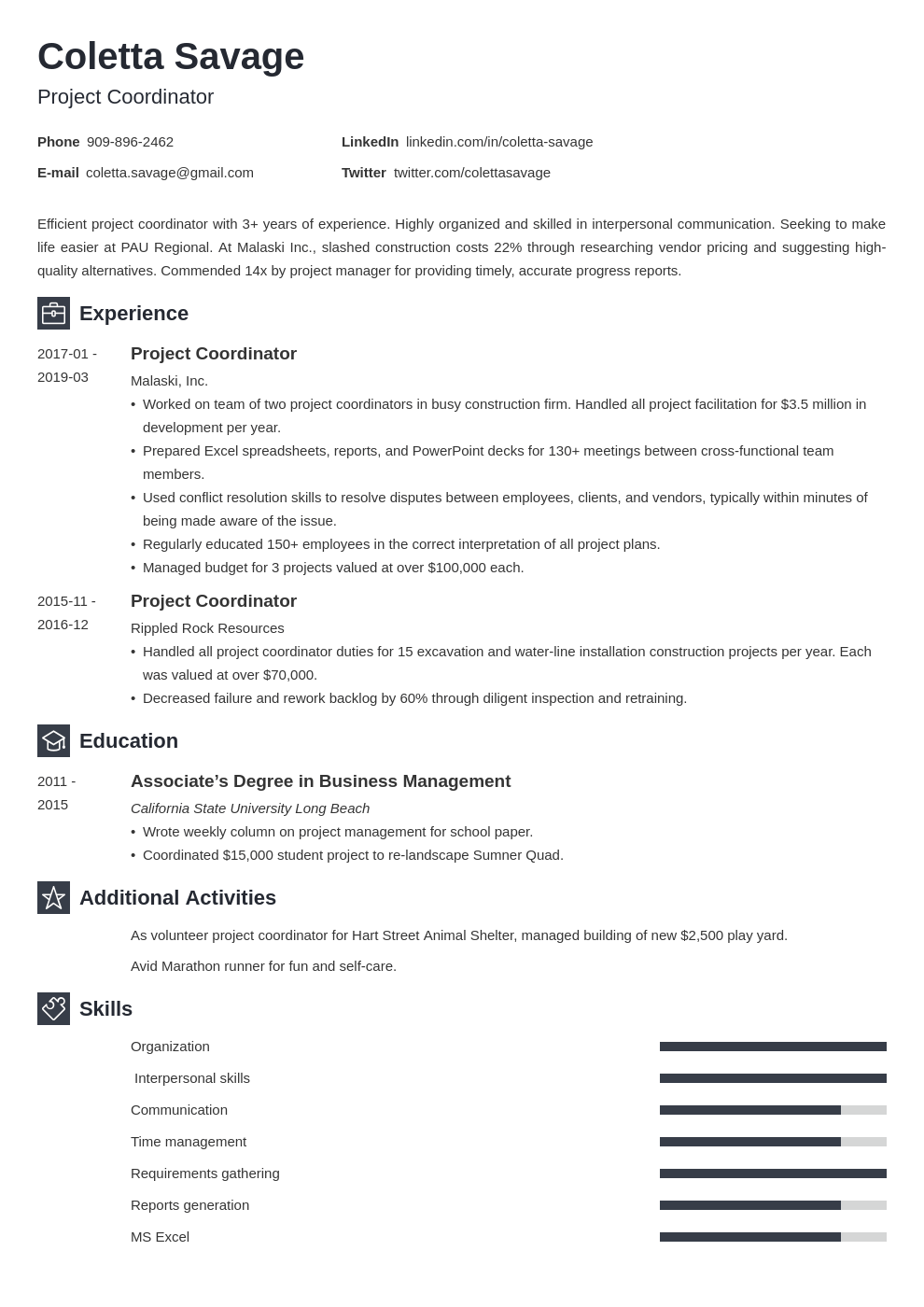 summary for project coordinator resume