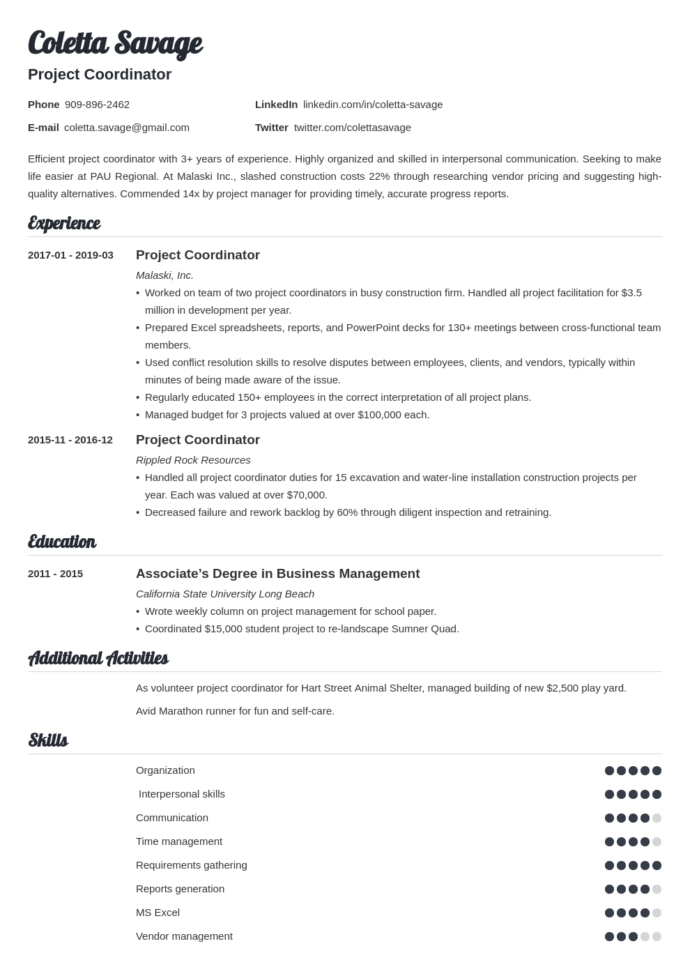 project coordinator resume example template valera