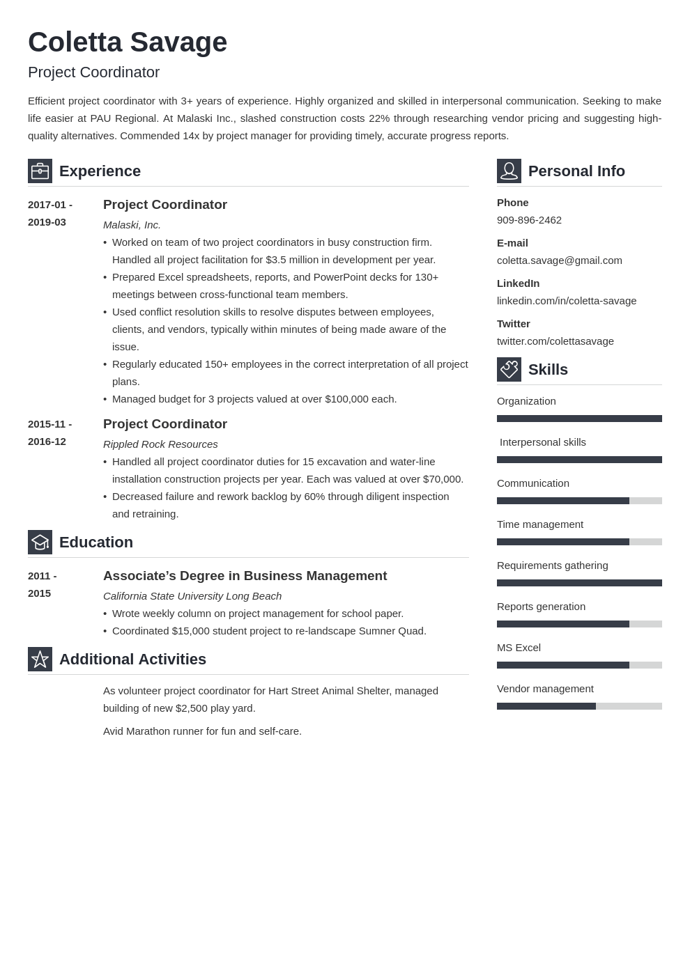 project coordinator resume example template vibes