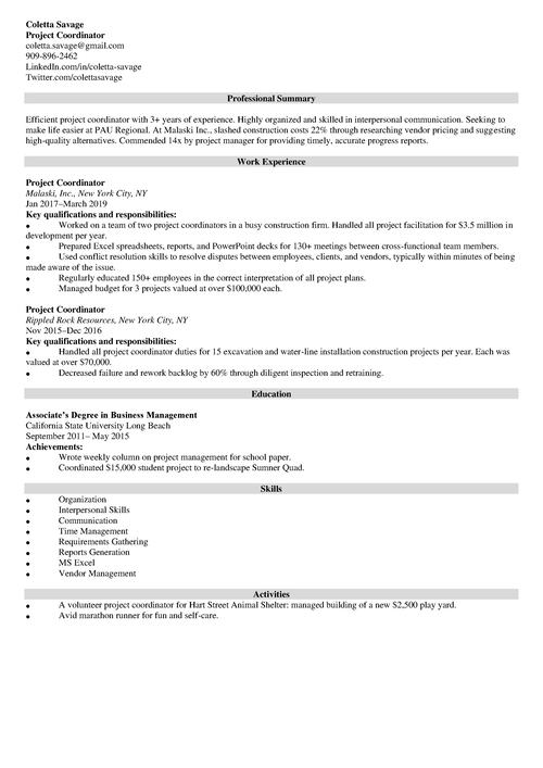 Project Coordinator Resume Example