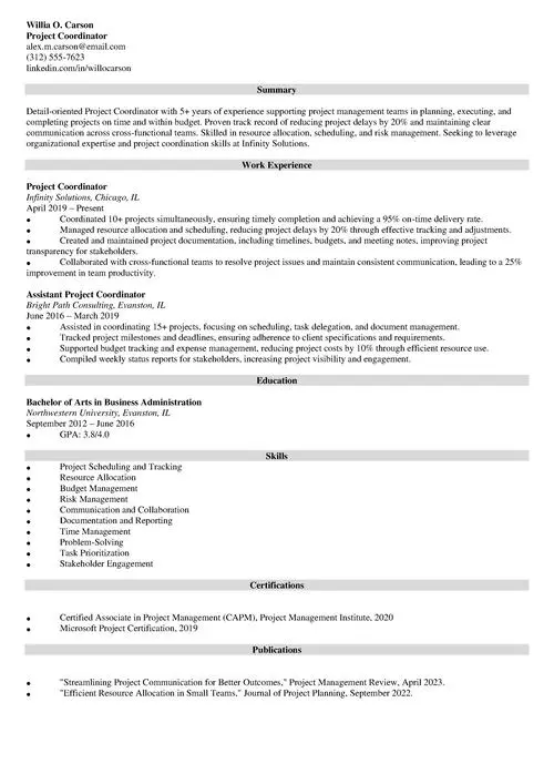 Project Coordinator Resume Sample