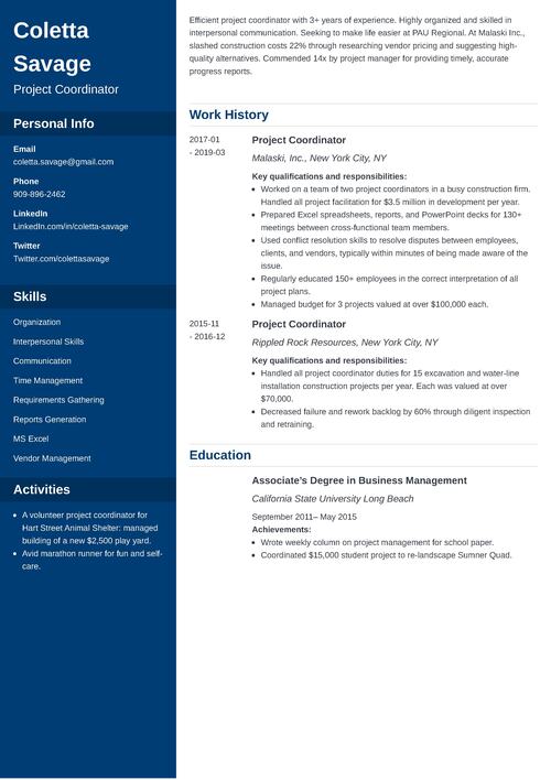 Project Coordinator Resume Example