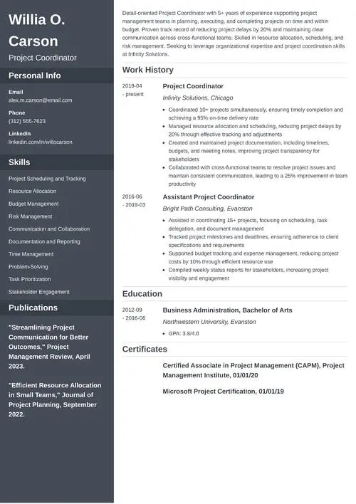 Project Coordinator Resume Sample