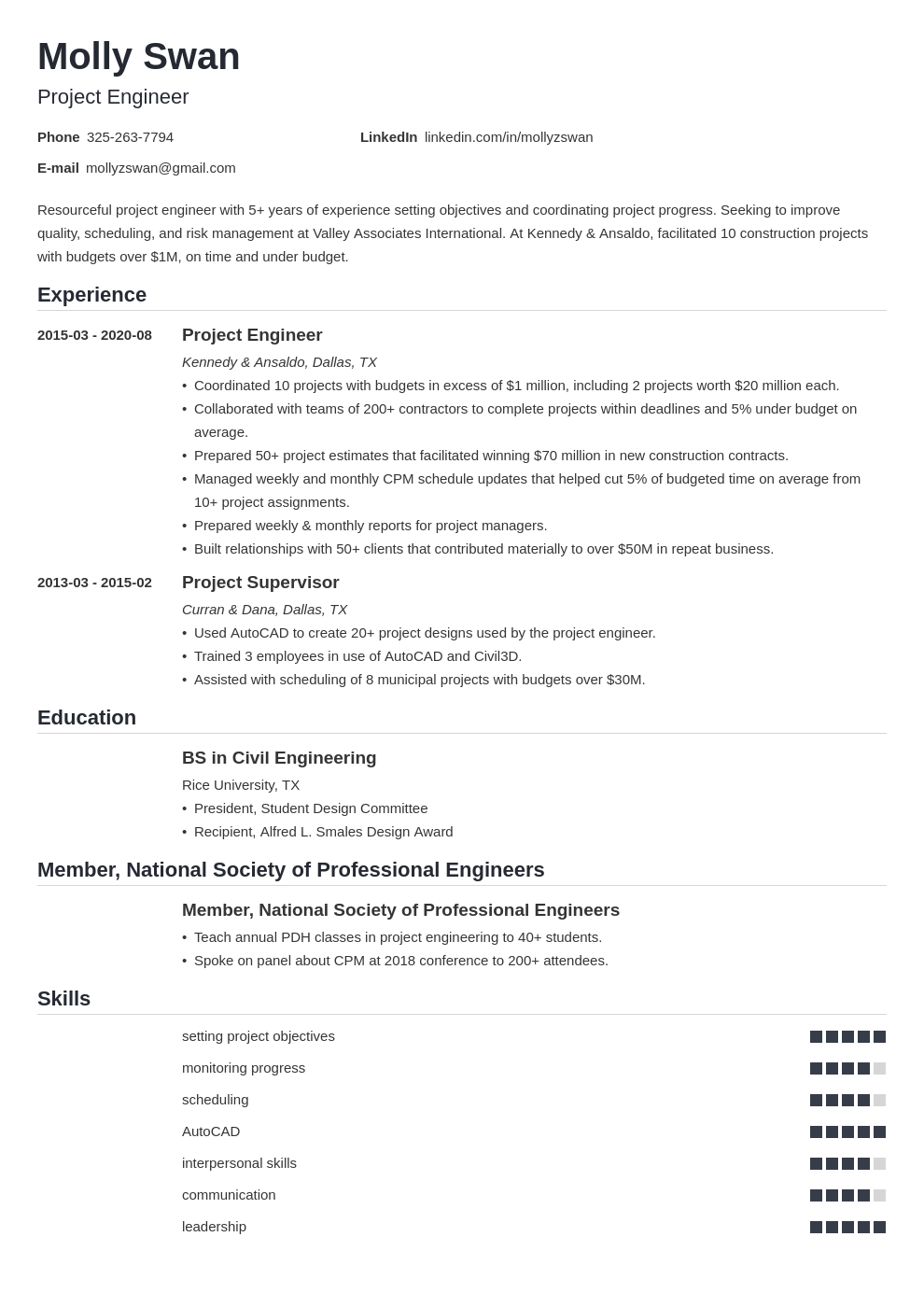 civil engineering project description in resume