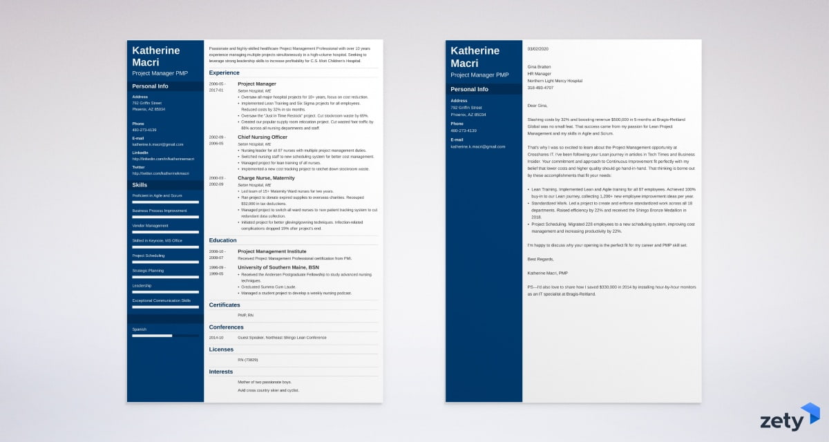 project manager resume and cover letter set