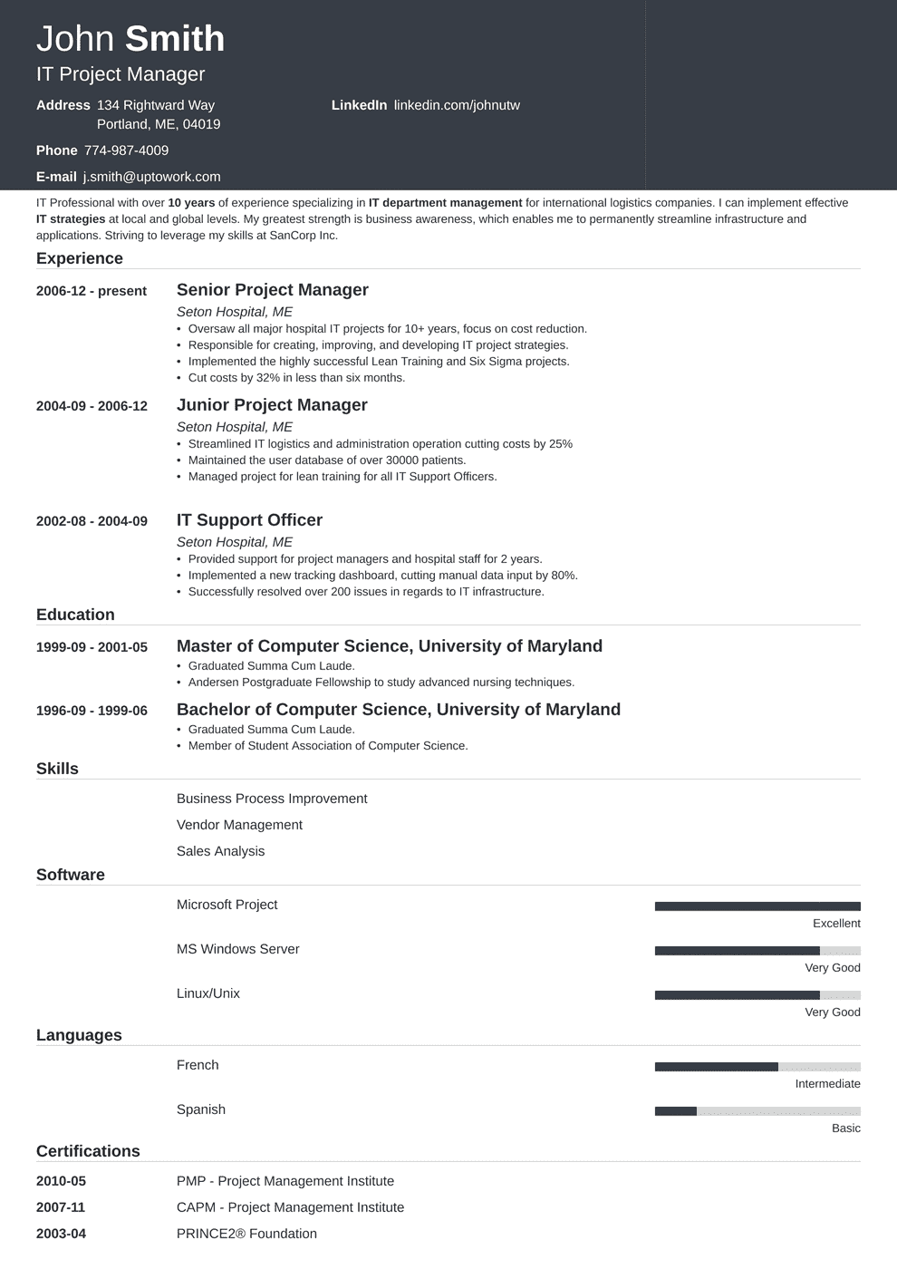 Project Manager Pm Resume Cv Examples Template For 2022 Riset