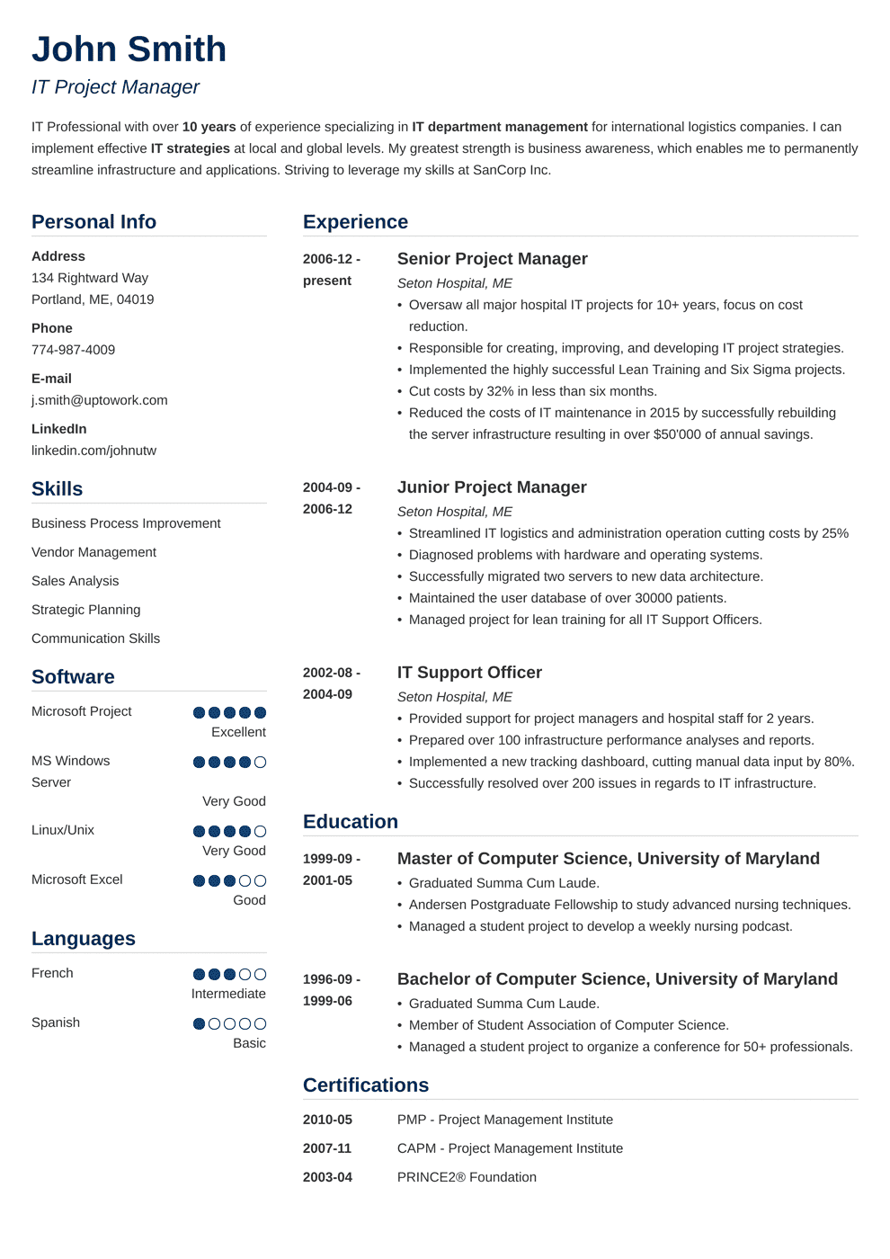 Construction Project Manager Resume Sample | Master of ...