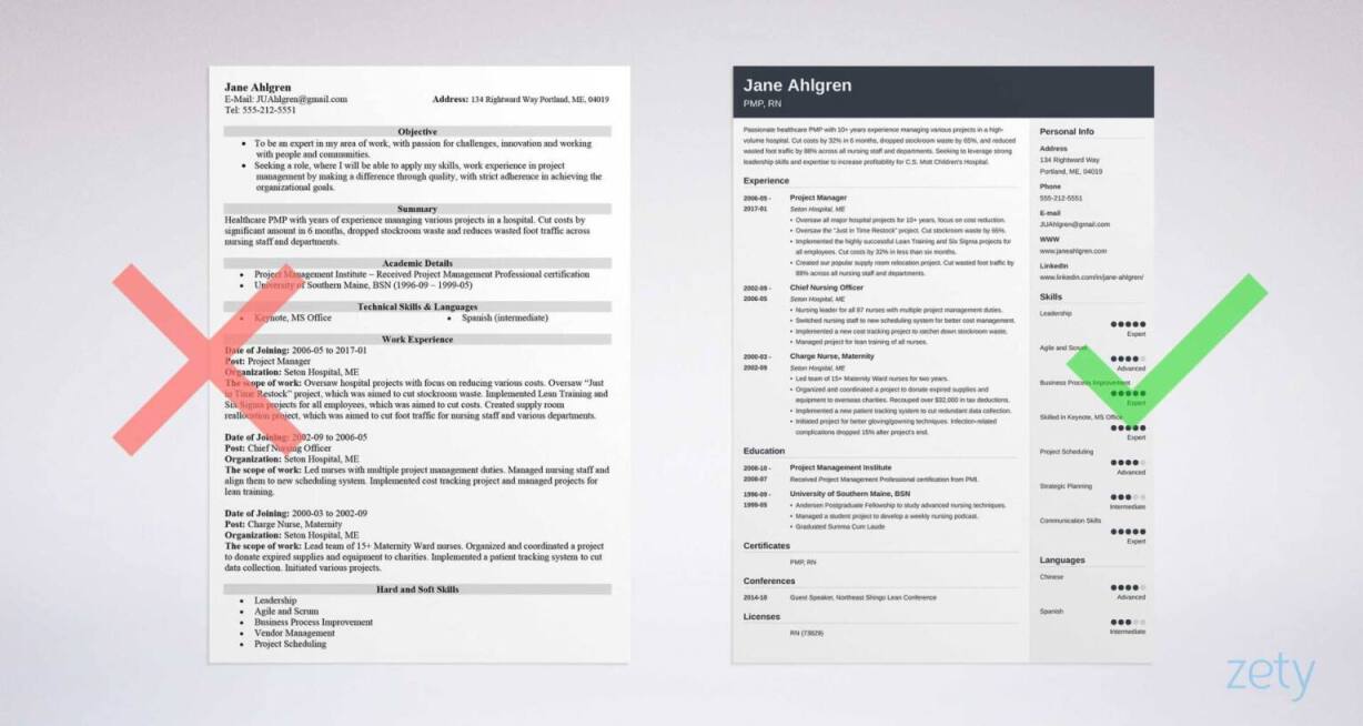 A comparison of the differences between a simple resume and an attractive, professional resume created with the Zety resume builder, featuring the Cubic resume template with a thin, full-color header area and a two-column layout that presents the applicant's contact information and abilities on the right side of the document.