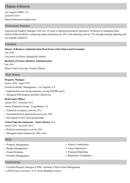 Property manager resume example