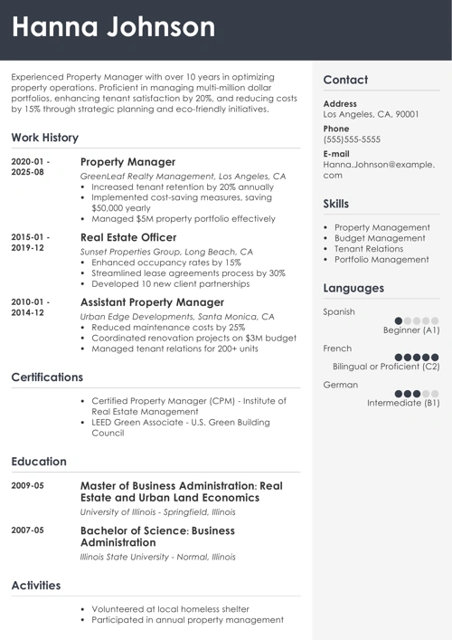 Property manager resume example