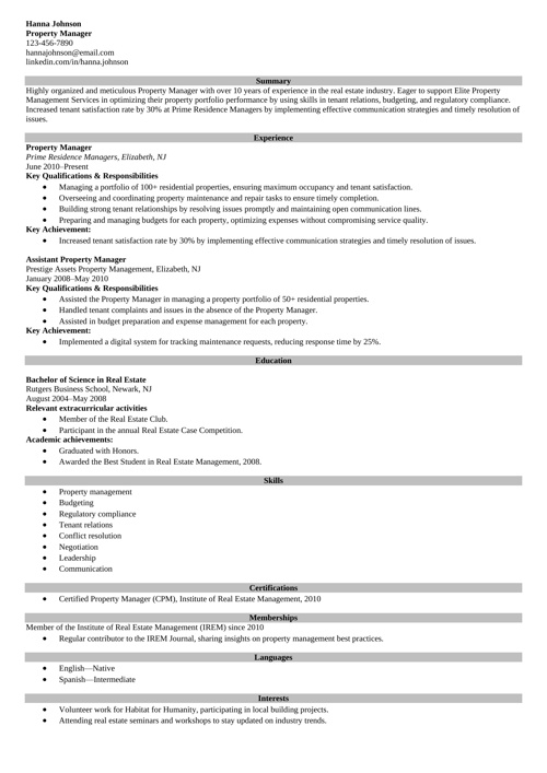 Property manager resume example