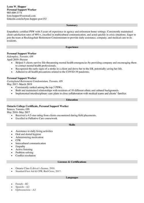 Personal Support Worker PSW Resume Sample Writing Tips 2023   Psw Resume Example Zety En Ca 6 