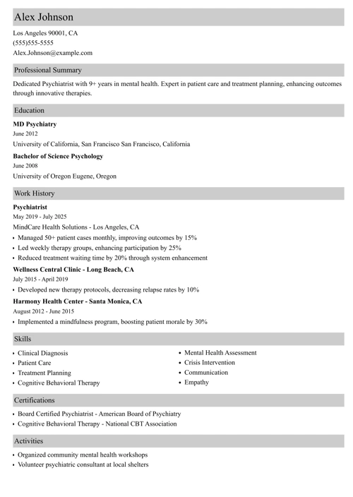 Psychiatrist Resume Example