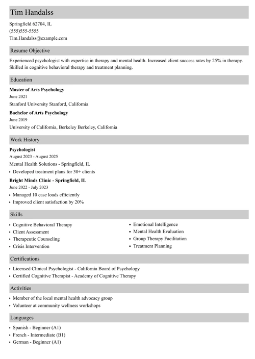 psychology \nresume example