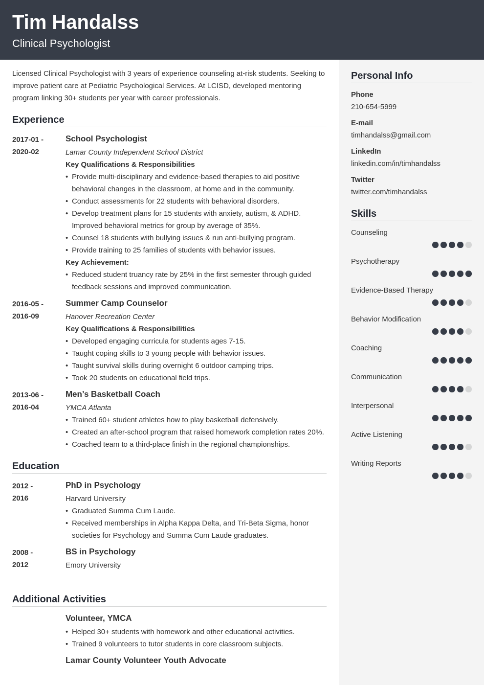 summary for resume psychology