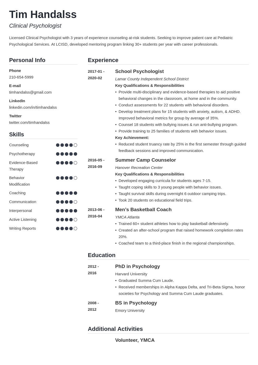 psychology resume example template simple