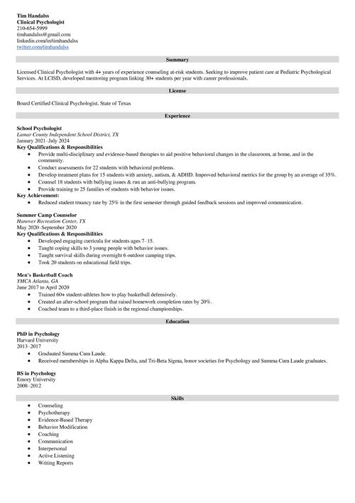 Psychology Resume Example