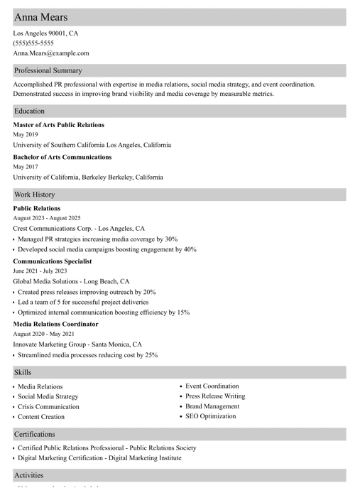Public relations resume example