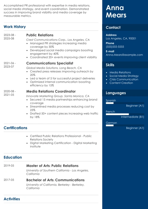 Public relations resume example