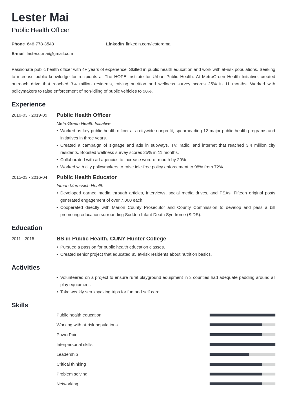 public health resume example template minimo